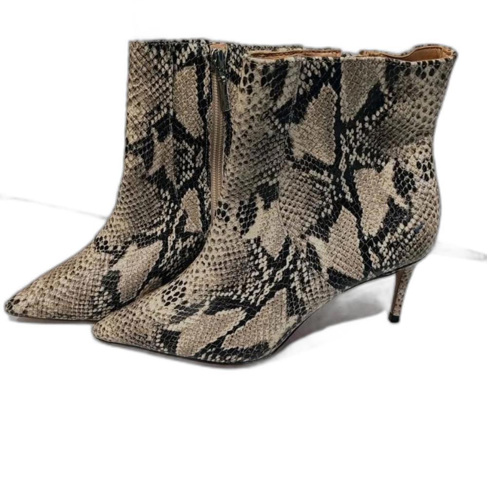 SCHUTZ Snake Print Pointed Toe Ankle Booties in Beige and Black